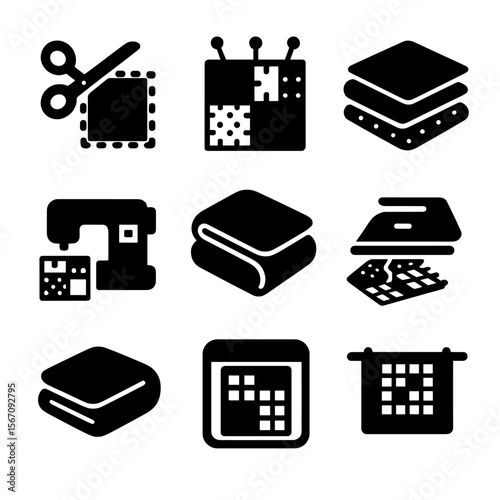Quilting Process Icons. Solid, filled icon set of Quilting stages: fabric cutting, pinning, layering, stitching, binding, ironing,