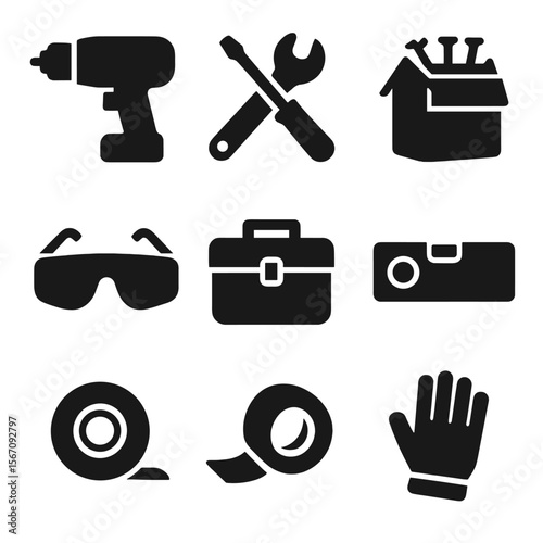 Home Improvement Tools Icons. Solid, filled icons set of home improvement tools: cordless drill, screwdriver,