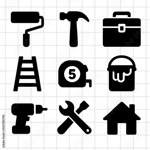 Home Maintenance Icons. Solid, filled icons set of home maintenance help: paint roller, hammer, toolbox,
