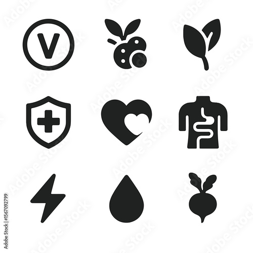 Radish Health Icons. Solid, filled icon set of Radish nutrition and health: vitamin icon, antioxidant, fiber, immune boost, heart