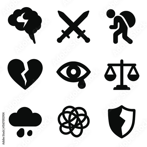 Soldier's Mental Icons. Solid, filled icon set of soldier’s mental struggle: brain with storm, crossed swords, heavy burden,