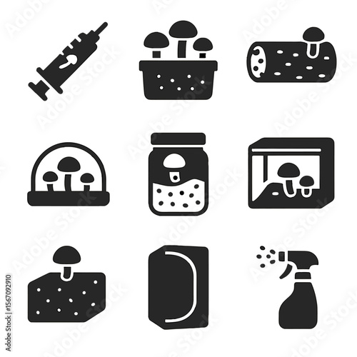 Mushroom Cultivation Icons. Solid, filled icon set of mushroom cultivation basics: spore syringe, grow kit, inoculated log,