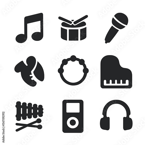 Music Icon Collection. Solid, filled icon set of music and dance: musical note, drum, microphone, dancing shoes, tambourine, piano