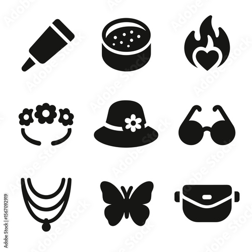 Music Festival Accessories. Solid, filled icon set of music festival accessories: face paint, glitter, temporary tattoo, flower