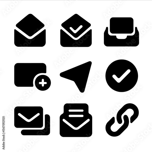 Solid Black Newsletter Icons. Solid, filled icon set of newsletter CTAs: envelope open, subscribe check, mail inbox, plus email,