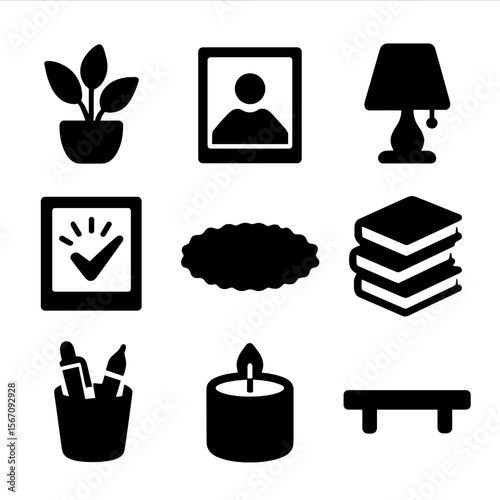 Home Office Icons. Solid, filled icons set of home office decor and personalization: houseplant, framed photo,