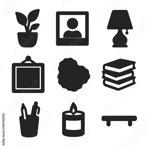 Home Office Icons. Solid, filled icons set of home office decor and personalization: houseplant, framed photo,