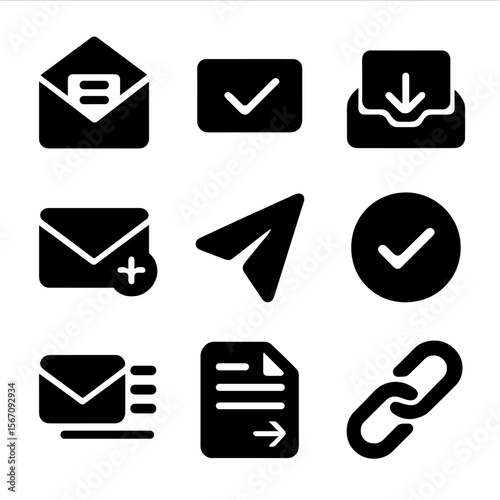 Solid Black Newsletter Icons. Solid, filled icon set of newsletter CTAs: envelope open, subscribe check, mail inbox, plus email,