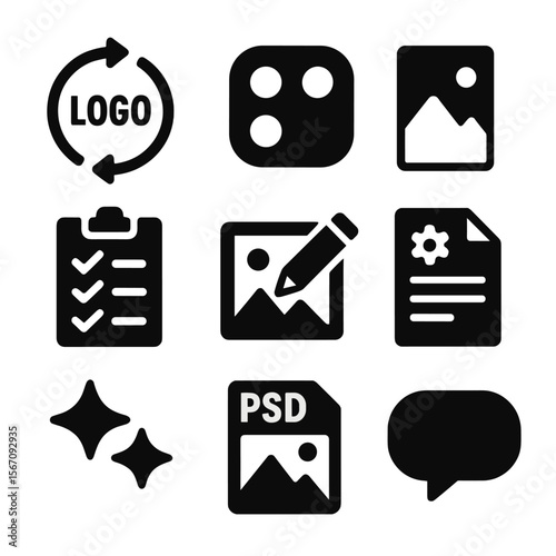 Rebranding Icons Set. Solid, filled icon set of rebranding process elements: refreshed logo, color update, simplified design,