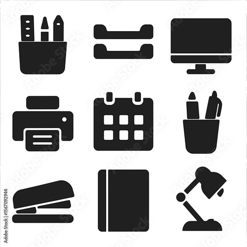 Home Office Icons. Solid, filled icons set of home office setup: desk organizer, file tray, computer monitor,
