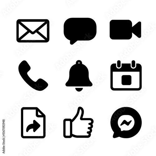 Recruitment Icon Set. Solid, filled icon set of recruitment communication: email, chat bubble, video call, phone, notification