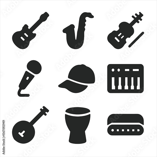 Music Genre Icons. Solid, filled icon set of music genres: rock guitar, jazz saxophone, classical violin, pop microphone, hip-hop