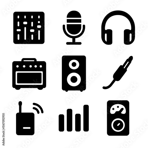 Sound Equipment Icons. Solid, filled icon set of Sound equipment: mixing board, microphone, headphones, amplifier, speaker, audio