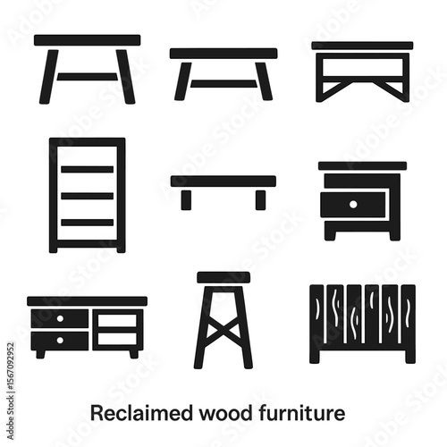 Reclaimed Wood Icons. Solid, filled icon set of reclaimed wood furniture: wooden table, bench, coffee table, bookshelf, wall shelf