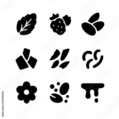 Sorbet Toppings Icons. Solid, filled icon set of sorbet bowl toppings: mint leaf, berry mix, sliced almonds, chocolate shavings,