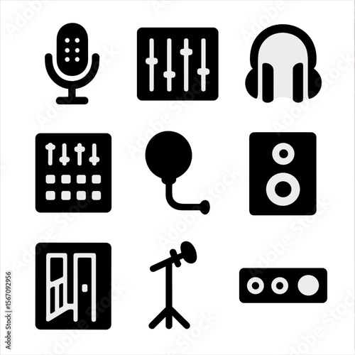 Recording Equipment Icons. Solid, filled icon set of recording equipment: microphone, audio mixer, headphones, soundboard, pop