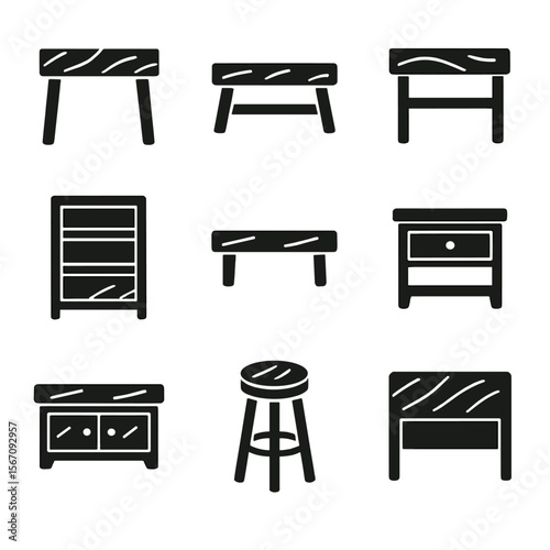 Reclaimed Wood Icons. Solid, filled icon set of reclaimed wood furniture: wooden table, bench, coffee table, bookshelf, wall shelf