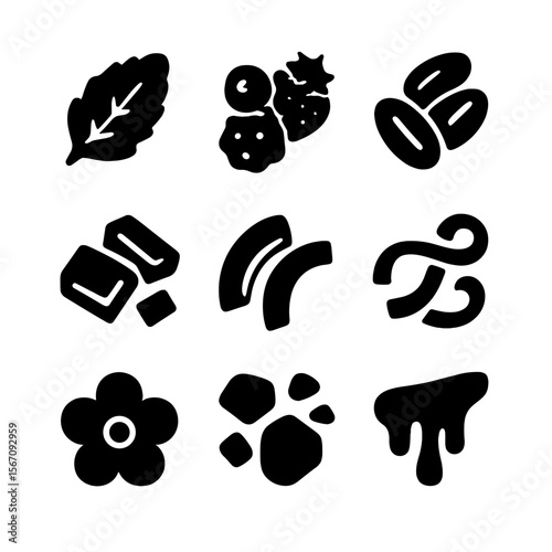 Sorbet Toppings Icons. Solid, filled icon set of sorbet bowl toppings: mint leaf, berry mix, sliced almonds, chocolate shavings,