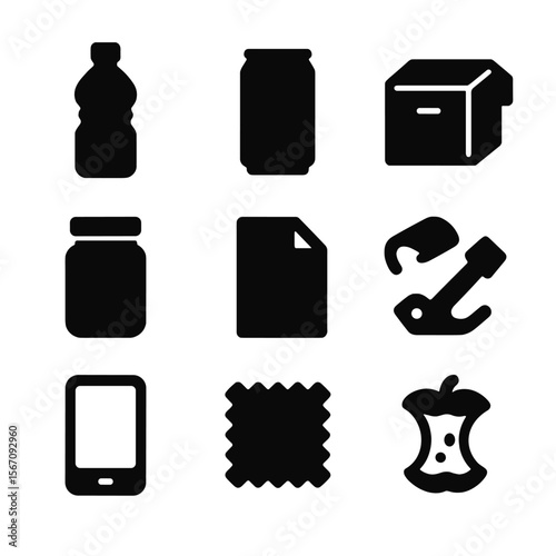 Recyclable Materials Icons. Solid, filled icon set of recyclable materials: plastic bottle, aluminum can, cardboard box, glass jar