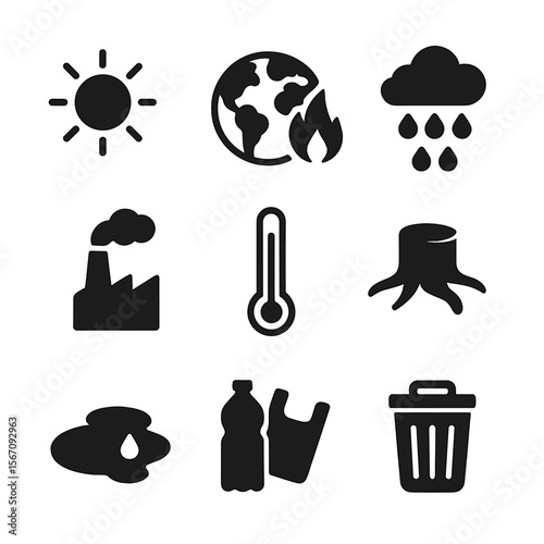 Reef Impact Icons. Solid, filled icon set of environmental factors affecting reefs: sun rays, global warming, acid rain, factory