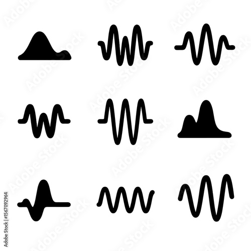 Sound Frequency Icons. Solid, filled icon set of sound frequencies: low frequency, high frequency, binaural beats, alpha waves,