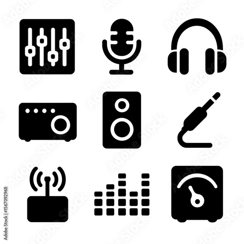 Sound Equipment Icons. Solid, filled icon set of Sound equipment: mixing board, microphone, headphones, amplifier, speaker, audio