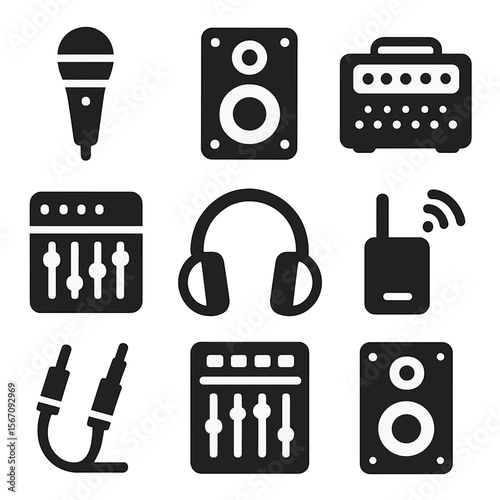 Sound Equipment Icons. Solid, filled icon set of sound equipment: microphone, speaker, amplifier, mixer, headphones, wireless