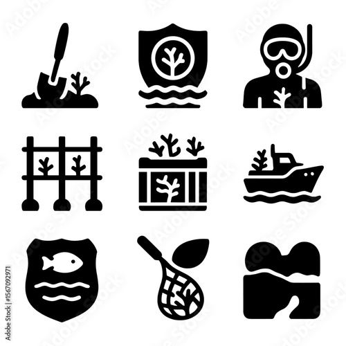 Reef and Morning Icons. Solid, filled icon set of reef conservation efforts: coral transplant tool, protected zone marker, eco