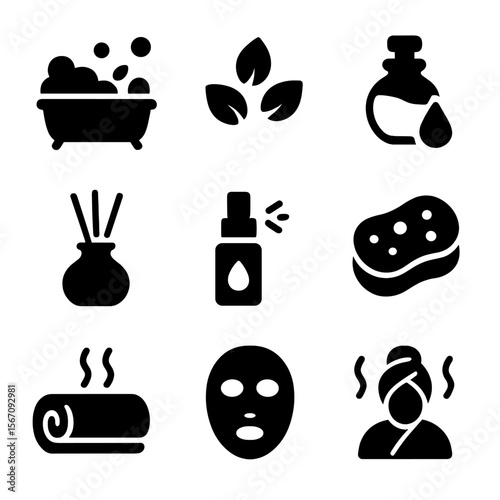 Relaxation Icon Set. Solid, filled icon set of relaxation essentials: bath bubbles, flower petals, oil bottle, diffuser, aroma