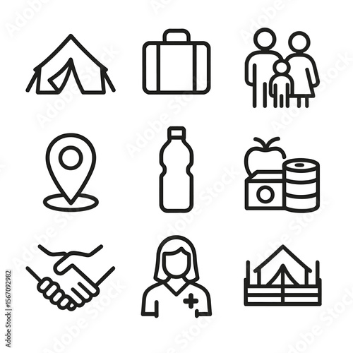 Refugee Support Icons. Solid, filled icon set of Refugee and displaced persons support: shelter tent, suitcase, family group, map