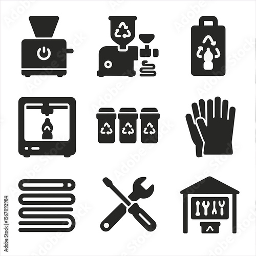 Home Recycling Icons. Solid, filled icons set of home plastic recycling setups: countertop shredder, mini