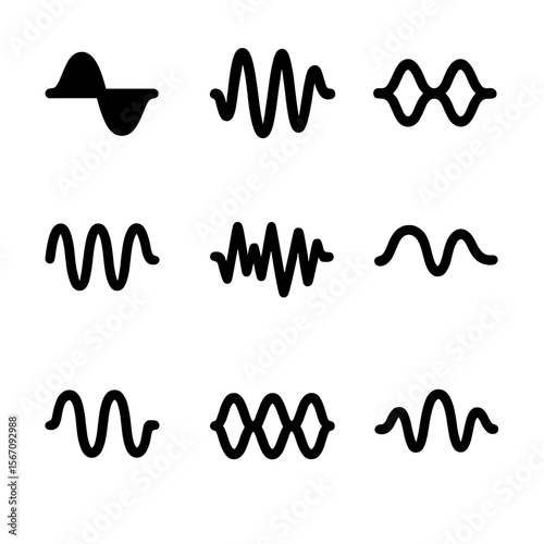 Sound Frequency Icons. Solid, filled icon set of sound frequencies: low frequency, high frequency, binaural beats, alpha waves,