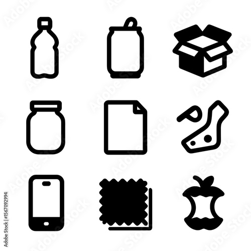 Recyclable Materials Icons. Solid, filled icon set of recyclable materials: plastic bottle, aluminum can, cardboard box, glass jar