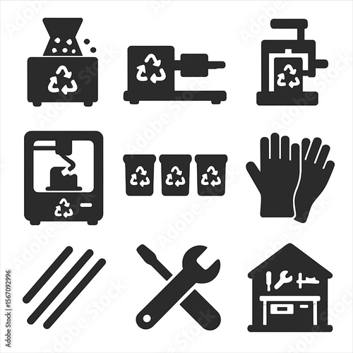 Home Recycling Icons. Solid, filled icons set of home plastic recycling setups: countertop shredder, mini