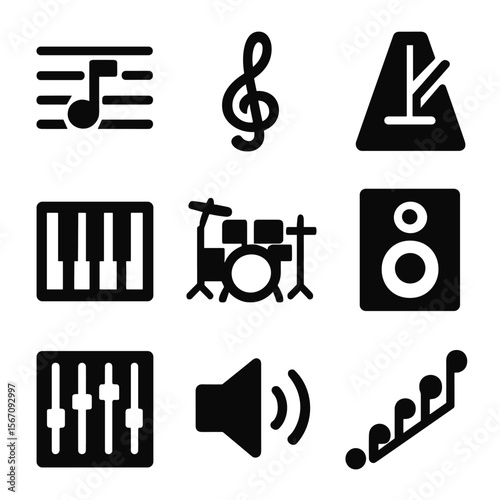 Music Icon Grid. Solid, filled icon set of music composition: music staff, clef, metronome, keyboard, drum set, speaker, audio