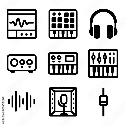 Music Production Icon Set. Solid, filled icon set of music production tools: DAW software, MIDI controller, headphones, audio