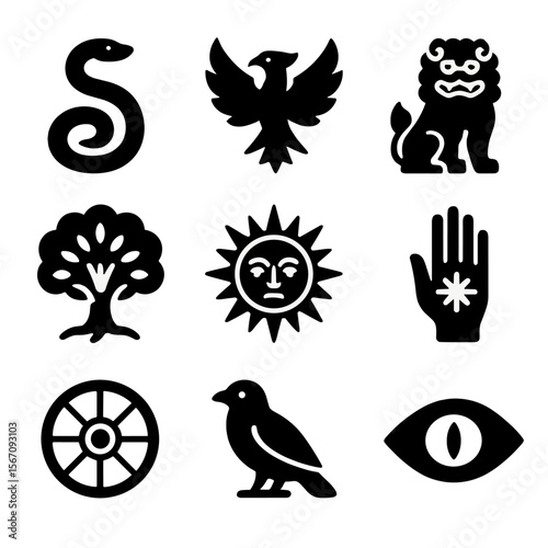 Mythic Icon Grid. Solid, filled icon set of sage-related mythology: serpent coil, phoenix, guardian lion, divine tree, ancient sun