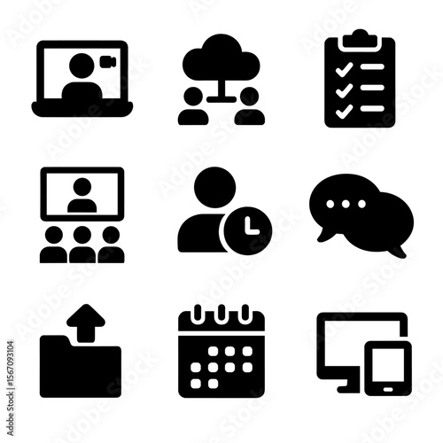 Remote Work Icons. Solid, filled icon set of remote work and virtual teams: video call, cloud collaboration, task management, file