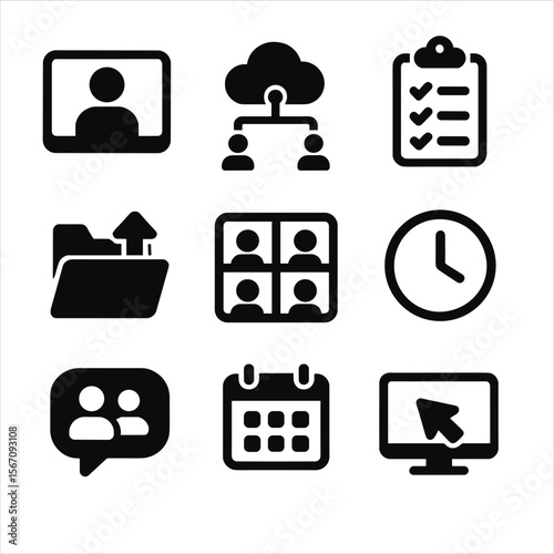 Remote Work Icons. Solid, filled icon set of remote work and virtual teams: video call, cloud collaboration, task management, file