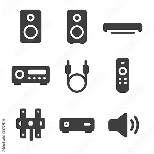 Home Theater Icons. Solid, filled icons set of installing a new home theater sound system: speaker, subwoofer,