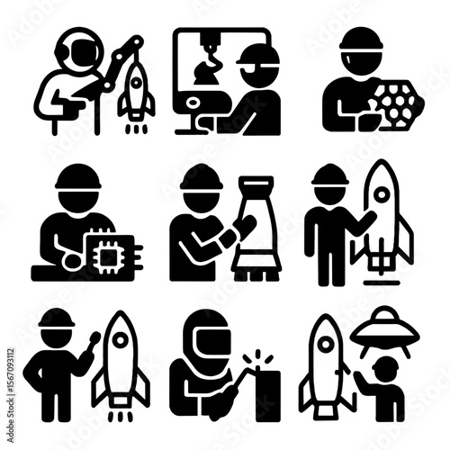 Space Manufacturing Icons. Solid, filled icon set of space manufacturing and assembly: spacecraft assembler, additive