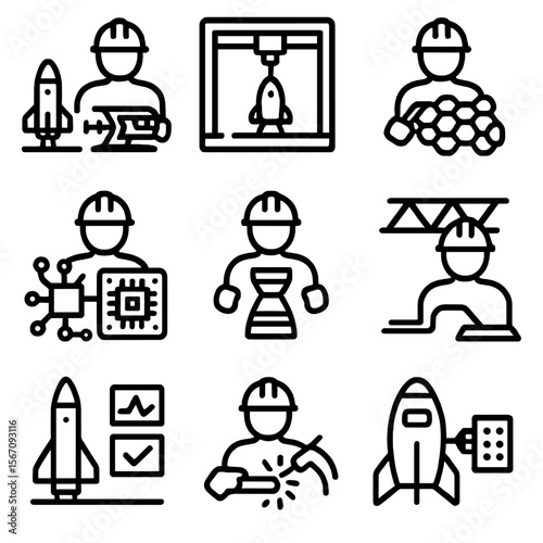 Space Manufacturing Icons. Solid, filled icon set of space manufacturing and assembly: spacecraft assembler, additive