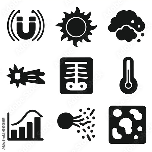 Space Measurement Icons. Solid, filled icon set of scientific measurements in space: magnetic field, solar flare, cosmic dust,