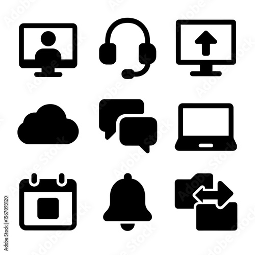 Remote Work Icon Set. Solid, filled icon set of remote teamwork: video call, headset, shared screen, cloud storage, chat window,