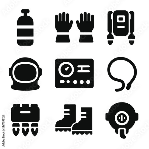 Space Mission Icons. Solid, filled icon set of space mission essentials: oxygen tank, space suit gloves, jetpack, helmet visor,
