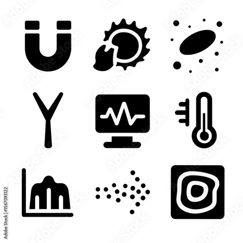 Space Measurement Icons. Solid, filled icon set of scientific measurements in space: magnetic field, solar flare, cosmic dust,