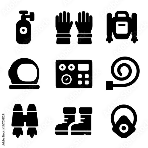 Space Mission Icons. Solid, filled icon set of space mission essentials: oxygen tank, space suit gloves, jetpack, helmet visor,
