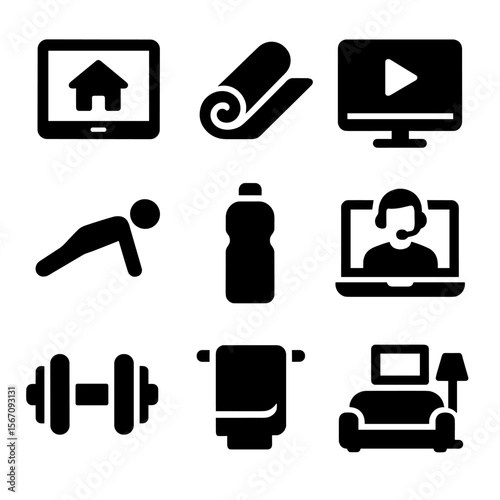 Home Workout Icons. Solid, filled icons set of home workout trends: tablet screen, workout mat, streaming