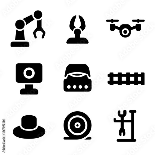 Space Robotics Icons. Solid, filled icon set of space robotics systems: robotic arm, manipulator claw, inspection drone, camera