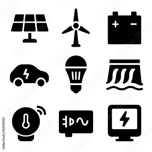 Renewable Energy Icons. Solid, filled icon set of renewable energy products: solar panel, wind turbine, battery storage, electric